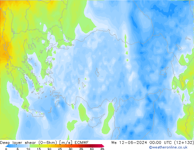 Deep layer shear (0-6km) ECMWF  12.06.2024 00 UTC
