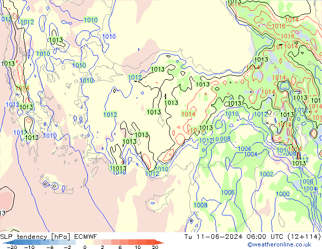 Druktendens (+/-) ECMWF di 11.06.2024 06 UTC