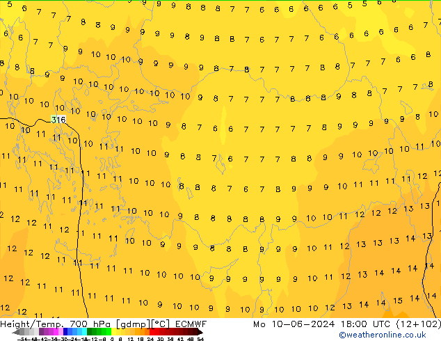 Yükseklik/Sıc. 700 hPa ECMWF Pzt 10.06.2024 18 UTC