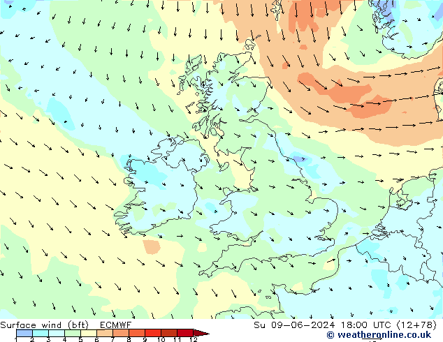 Vent 10 m (bft) ECMWF dim 09.06.2024 18 UTC