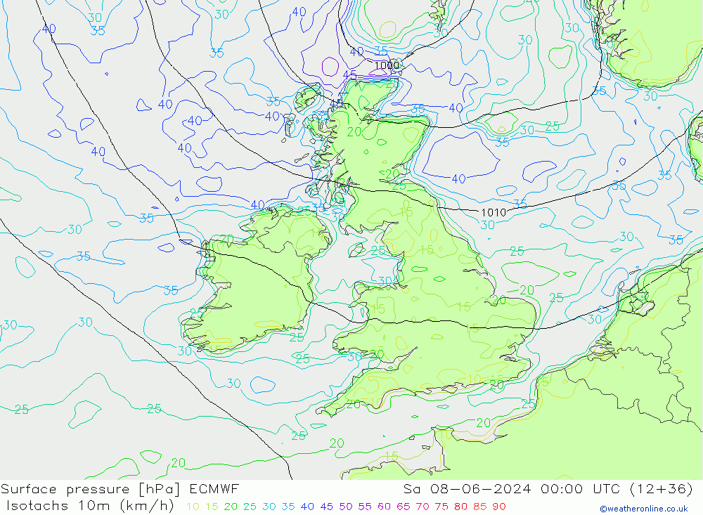 Isotachs (kph) ECMWF sab 08.06.2024 00 UTC