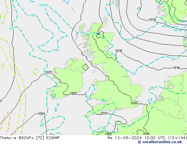 Theta-e 850hPa ECMWF We 12.06.2024 12 UTC