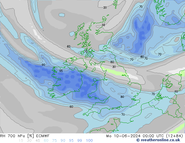 Humedad rel. 700hPa ECMWF lun 10.06.2024 00 UTC