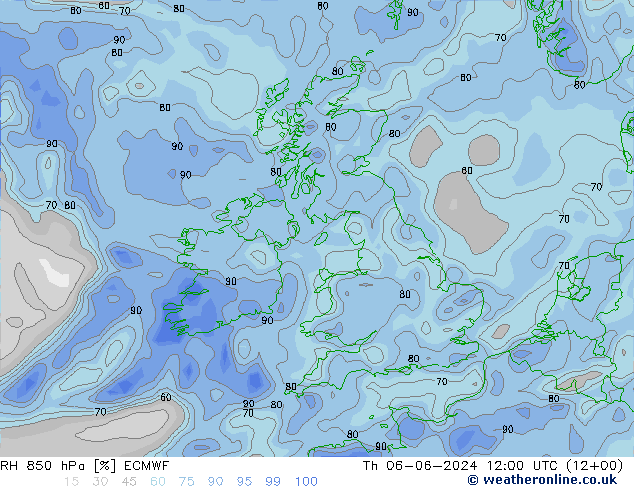 Humidité rel. 850 hPa ECMWF jeu 06.06.2024 12 UTC