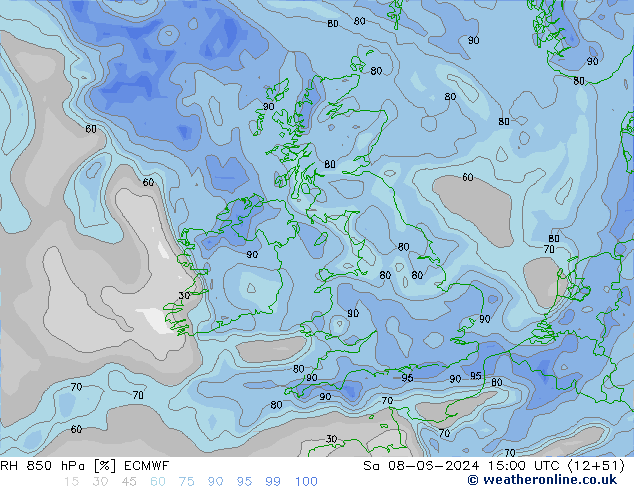 Humidité rel. 850 hPa ECMWF sam 08.06.2024 15 UTC