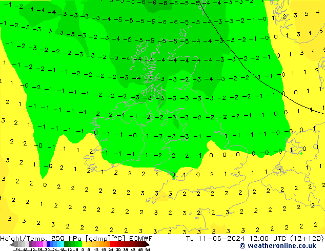 Height/Temp. 850 hPa ECMWF Tu 11.06.2024 12 UTC