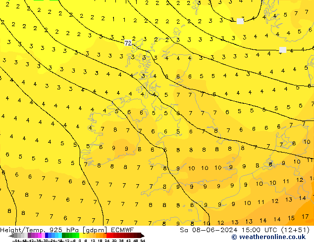 Height/Temp. 925 hPa ECMWF So 08.06.2024 15 UTC