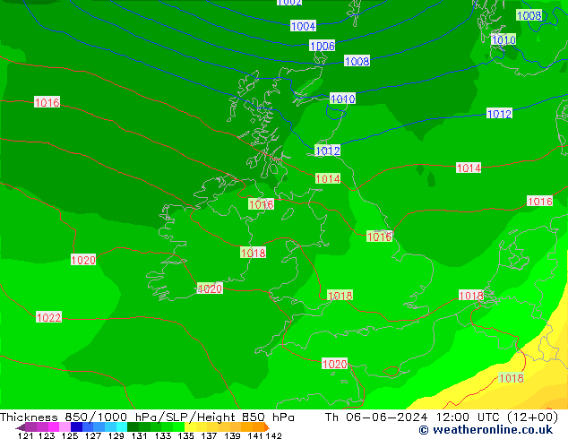 Espesor 850-1000 hPa ECMWF jue 06.06.2024 12 UTC