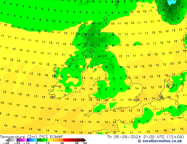 Temperatura (2m) ECMWF jue 06.06.2024 21 UTC