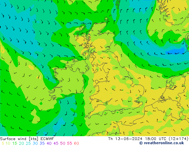 Viento 10 m ECMWF jue 13.06.2024 18 UTC