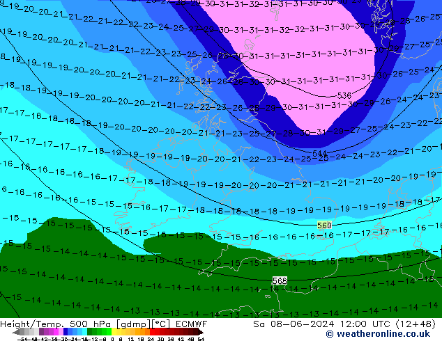 Z500/Rain (+SLP)/Z850 ECMWF Sa 08.06.2024 12 UTC