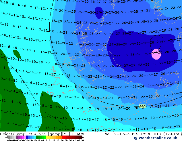 Yükseklik/Sıc. 500 hPa ECMWF Çar 12.06.2024 18 UTC