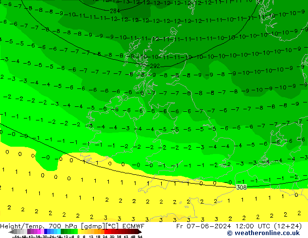 Height/Temp. 700 hPa ECMWF ven 07.06.2024 12 UTC