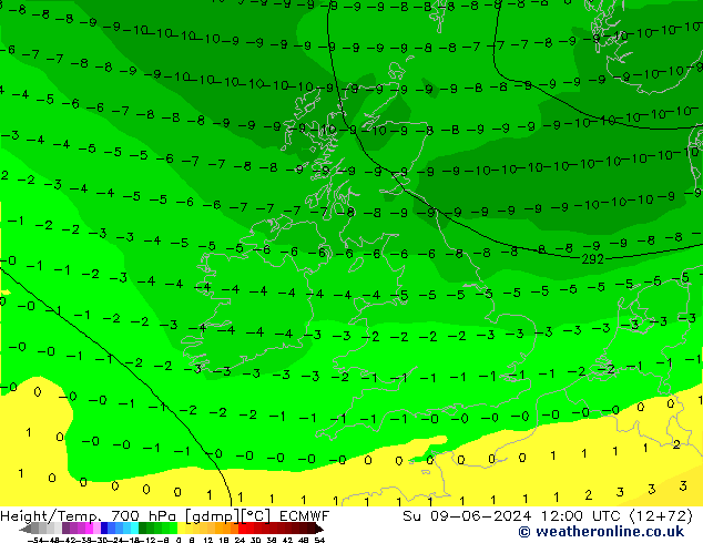 Height/Temp. 700 hPa ECMWF Su 09.06.2024 12 UTC