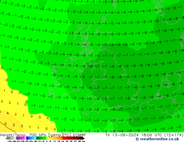 Height/Temp. 700 hPa ECMWF Th 13.06.2024 18 UTC