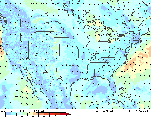 Vento 10 m (bft) ECMWF ven 07.06.2024 12 UTC