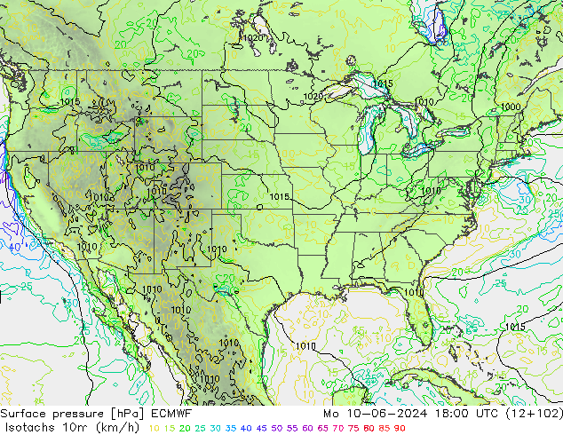 Isotachs (kph) ECMWF lun 10.06.2024 18 UTC