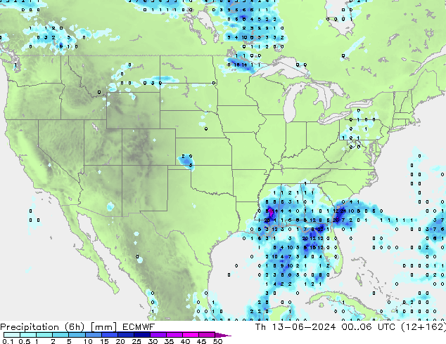 Precipitation (6h) ECMWF Čt 13.06.2024 06 UTC