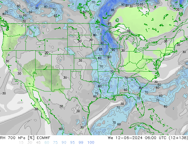 Humidité rel. 700 hPa ECMWF mer 12.06.2024 06 UTC