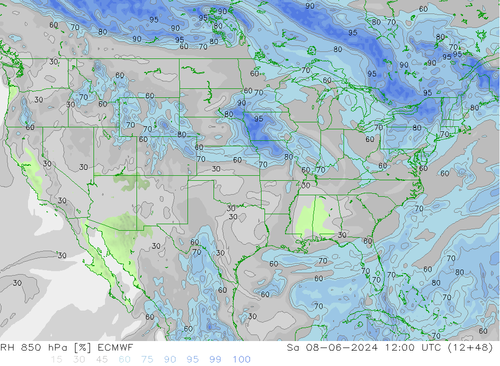 RH 850 hPa ECMWF Sa 08.06.2024 12 UTC