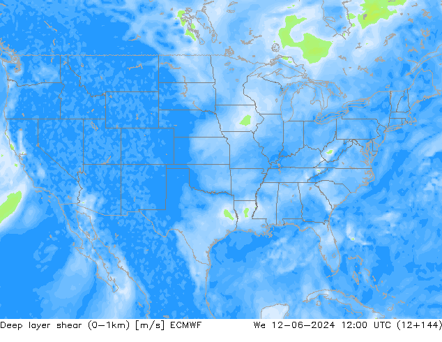 Deep layer shear (0-1km) ECMWF mer 12.06.2024 12 UTC