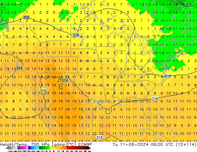 Height/Temp. 700 hPa ECMWF Tu 11.06.2024 06 UTC