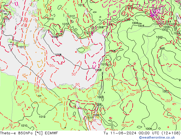 Theta-e 850hPa ECMWF Tu 11.06.2024 00 UTC