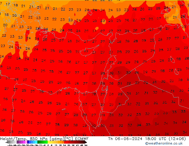 Height/Temp. 850 hPa ECMWF Do 06.06.2024 18 UTC