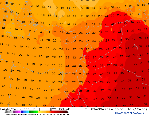 Z500/Yağmur (+YB)/Z850 ECMWF Paz 09.06.2024 00 UTC