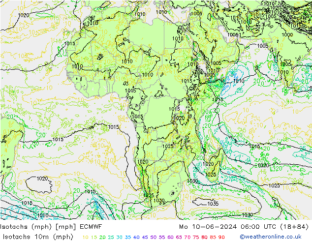 Isotachs (mph) ECMWF lun 10.06.2024 06 UTC