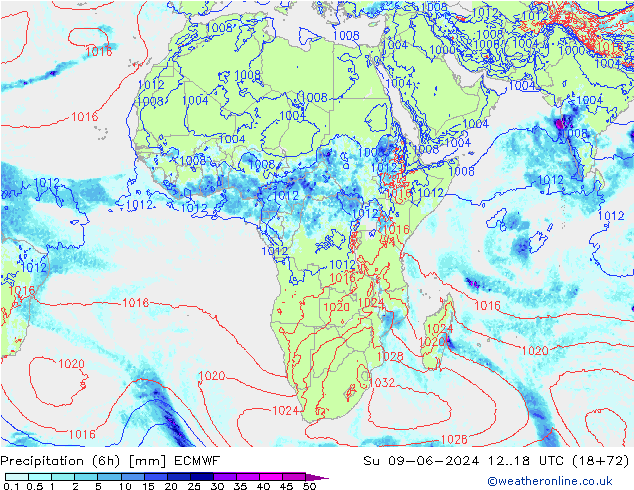 Précipitation (6h) ECMWF dim 09.06.2024 18 UTC