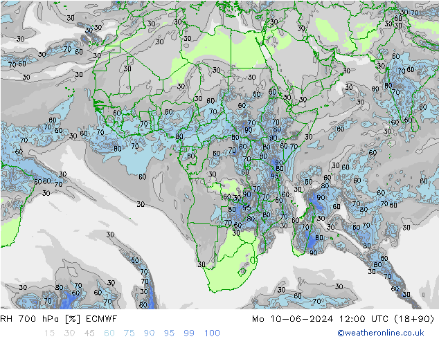 RH 700 гПа ECMWF пн 10.06.2024 12 UTC