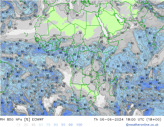 RH 850 hPa ECMWF czw. 06.06.2024 18 UTC