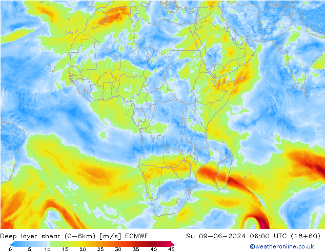 Deep layer shear (0-6km) ECMWF Ne 09.06.2024 06 UTC