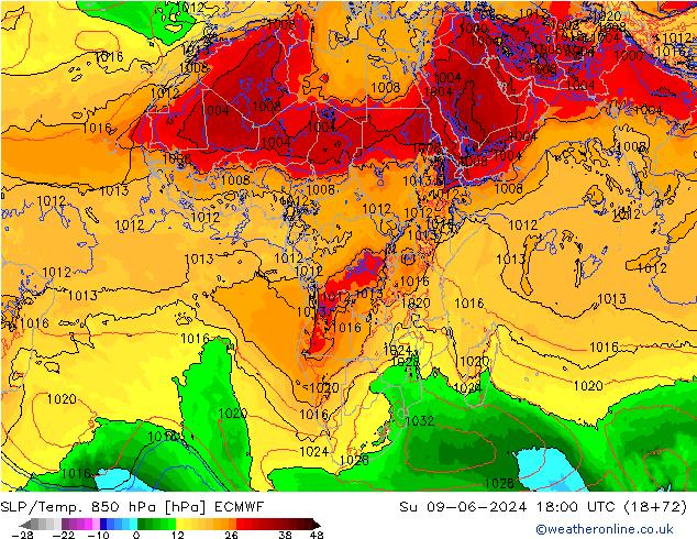 850 hPa Yer Bas./Sıc ECMWF Paz 09.06.2024 18 UTC