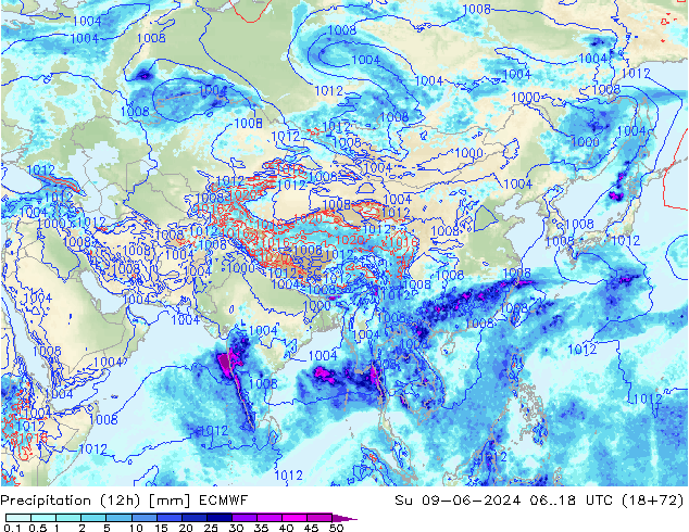 Precipitation (12h) ECMWF Su 09.06.2024 18 UTC