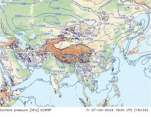 Presión superficial ECMWF vie 07.06.2024 18 UTC