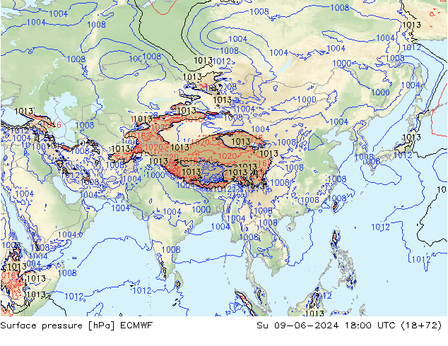 Atmosférický tlak ECMWF Ne 09.06.2024 18 UTC