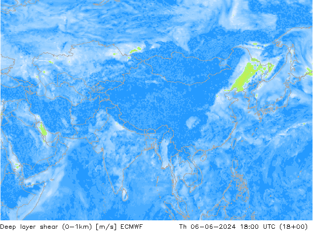 Deep layer shear (0-1km) ECMWF Th 06.06.2024 18 UTC