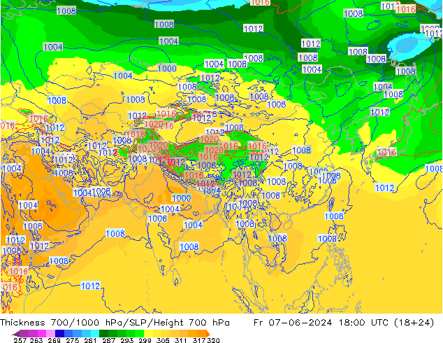 Thck 700-1000 hPa ECMWF Fr 07.06.2024 18 UTC