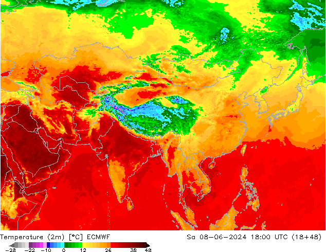 mapa temperatury (2m) ECMWF so. 08.06.2024 18 UTC