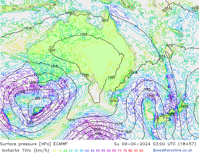 Isotachs (kph) ECMWF Su 09.06.2024 03 UTC