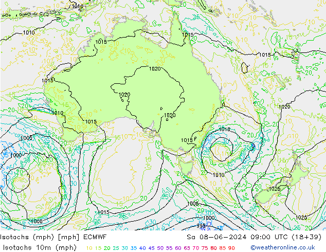 Isotachen (mph) ECMWF Sa 08.06.2024 09 UTC
