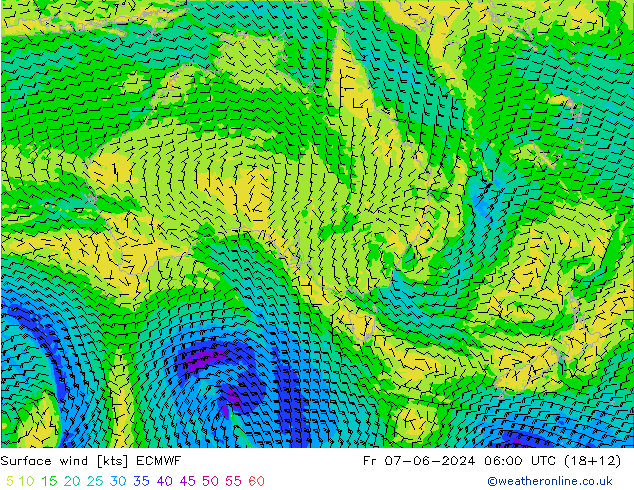 Surface wind ECMWF Pá 07.06.2024 06 UTC