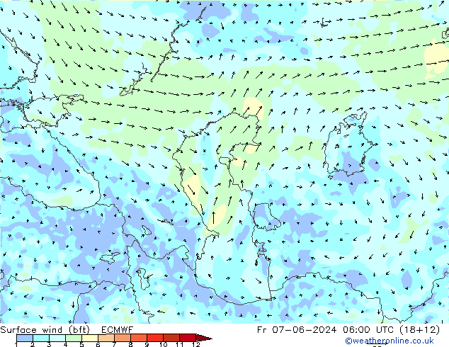 Surface wind (bft) ECMWF Fr 07.06.2024 06 UTC