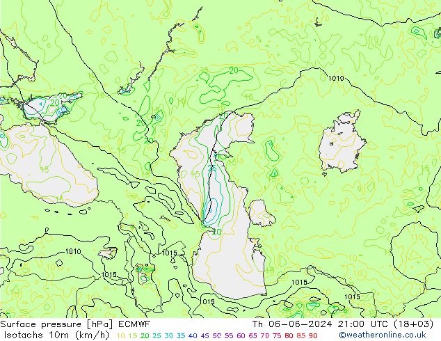 Isotaca (kph) ECMWF jue 06.06.2024 21 UTC