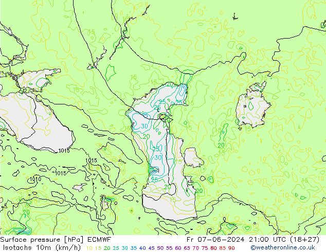 Isotaca (kph) ECMWF vie 07.06.2024 21 UTC