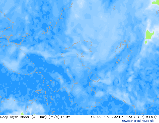 Deep layer shear (0-1km) ECMWF Su 09.06.2024 00 UTC