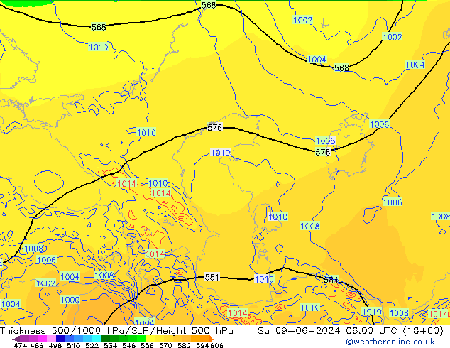 Dikte 500-1000hPa ECMWF zo 09.06.2024 06 UTC