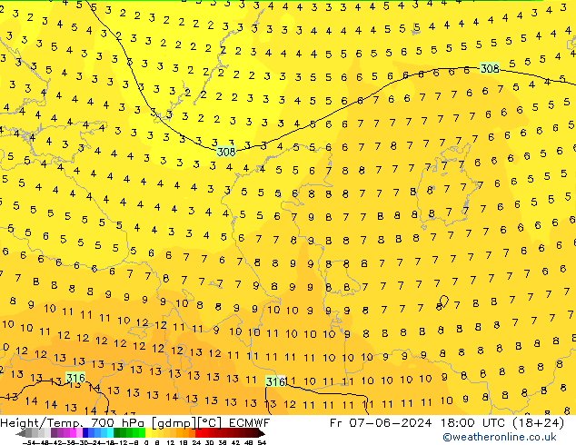 Hoogte/Temp. 700 hPa ECMWF vr 07.06.2024 18 UTC